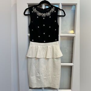 Cynthia Steffe Black & Cream Peplum Embellished Sequin Beaded Midi Dress Size 2